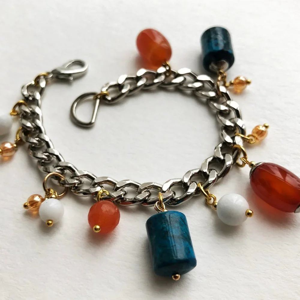Chunky charm bracelet, curb chain bracelet silver